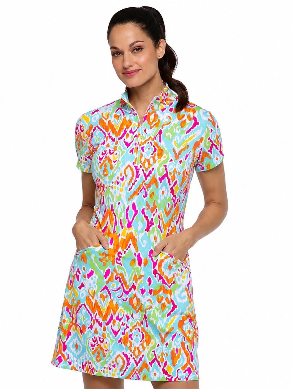 IBKUL Tillie Seafoam UPF 50+ Short Sleeve Zip Mock Neck Golf Tennis Dress Med